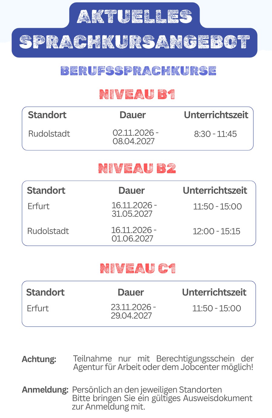 Aktuelles Sprachkursangebot – Berufssprachkurse B1, B2 und C1