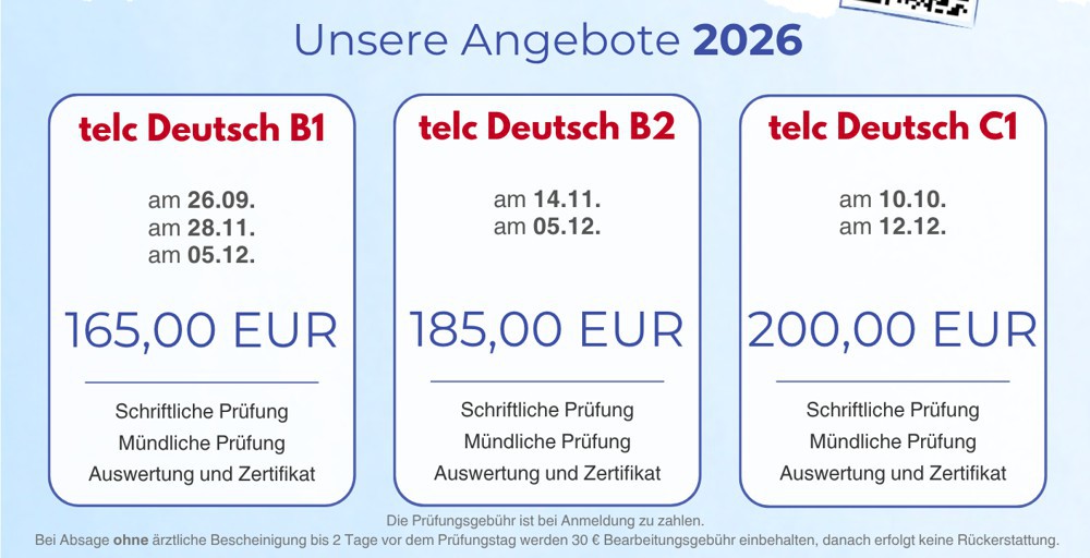 Unsere Angebote 2026 – telc Deutsch Prüfungen B1, B2 und C1